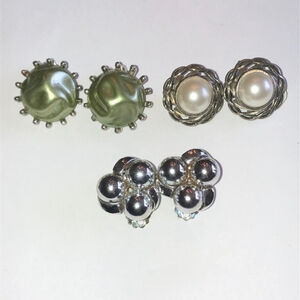 3 Pairs Vintage Clip On Earrings Round Dome Shape Silver Tone Green & Faux Pearl